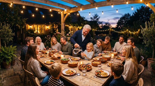 Multi-generational family enjoying an outdoor dinner party under string lights.