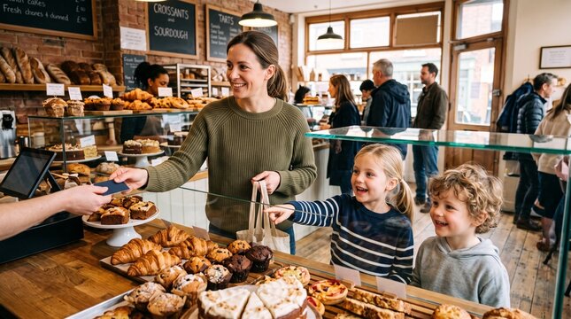 Mother paying with credit card at bakery counter with excited children.