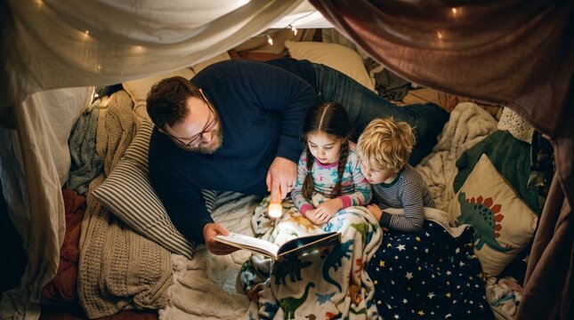 Caucasian father reading a bedtime storybook to children inside a cozy blanket fort.