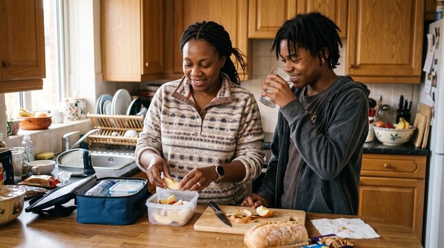 African American mother preparing lunch box with teenage son in home kitchen.