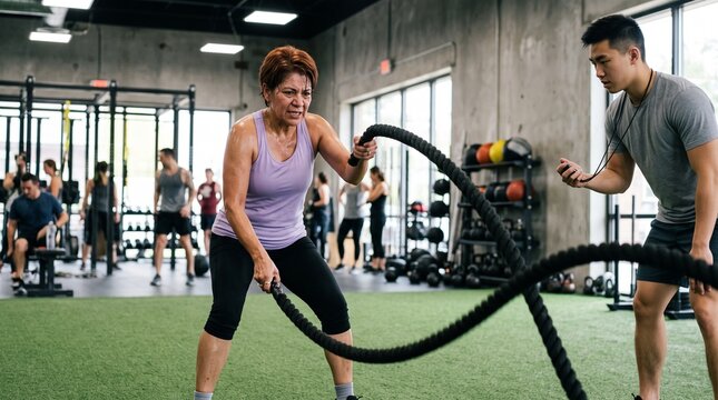Mature woman exercising with battle ropes with male personal trainer in modern gym.
