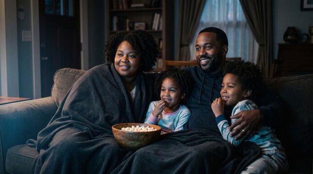 African American family watching movie on couch eating popcorn at night