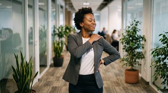 African American businesswoman massaging shoulder from pain in modern office
