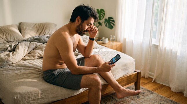 Tired man sitting on bed checking sleep tracking app on phone.