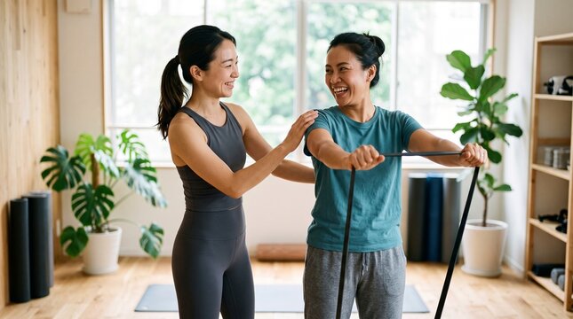 Asian fitness trainer guiding client exercising with resistance band in studio.