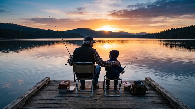 Senior man and young boy fishing together while sitting on a wooden dock at sunset.