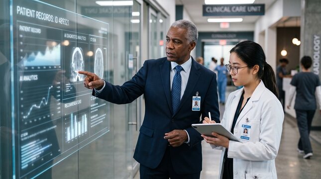 Diverse doctors analyzing AI patient records on modern digital display in hospital.