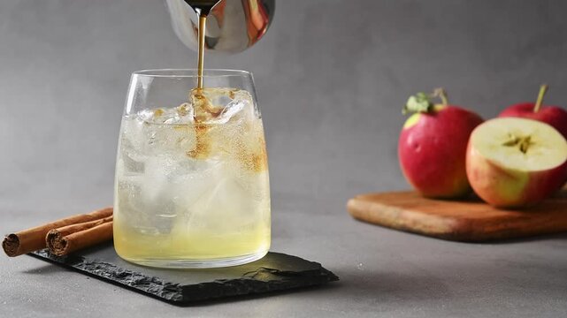 Cold brew coffee pours over apple cider tonic and ice, creating layered refreshing coffee drink.