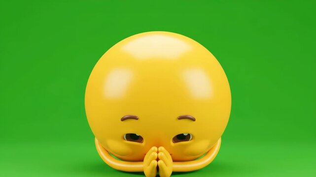 Cute 3D yellow emoji character with praying hands and pleading expression on green screen background