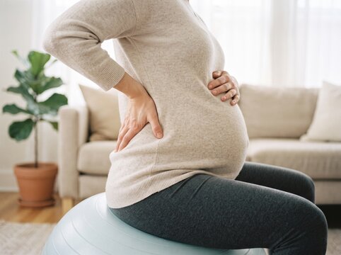 Pregnant woman experiencing back pain while sitting on a fitness ball with lower back expecting mother physical discomfort exercise ball health issues prenatal care third trimester