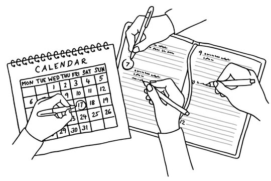 Hand drawn black and white illustration of multiple hands writing notes and coordinating tasks across a calendar and planner to organize appointments, deadlines and projects.