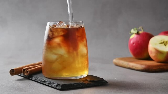 Hand slowly stirs apple cider cold brew tonic with glass straw, blending coffee and cider over ice.