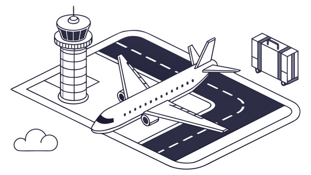 Isometric airport concept with passenger airplane, control tower, and luggage, vector illustration