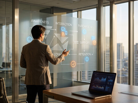 Business Professional Using Interactive Digital Strategy Dashboard in Modern Office for Analytics, Innovation and Corporate Planning