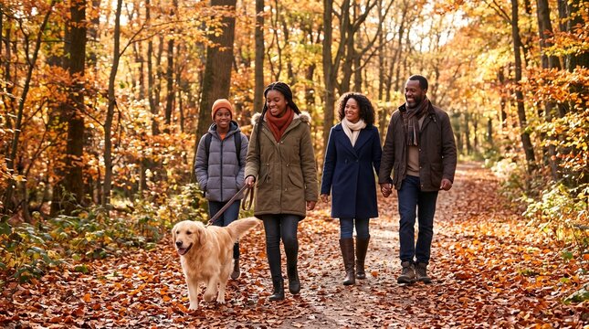 Happy diverse family walking with golden retriever dog in autumn forest.