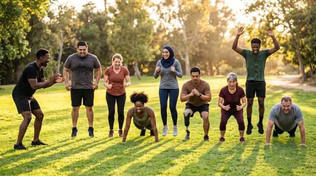 Diverse group exercising together in sunny outdoor park bootcamp.