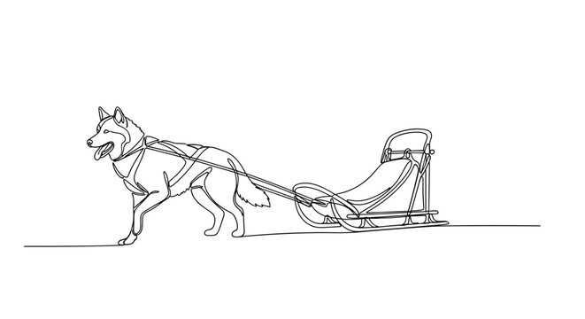 Husky pulling an empty sled through a winter landscape