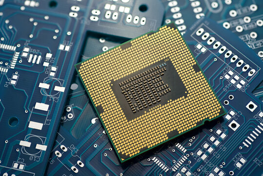 Computer processor chip resting on circuit boards