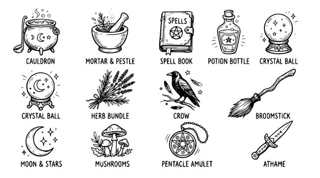 Hand drawn witch apothecary object icons mortar pestle cauldron crystal ball spell book crow herb, black ink sketch vector illustration