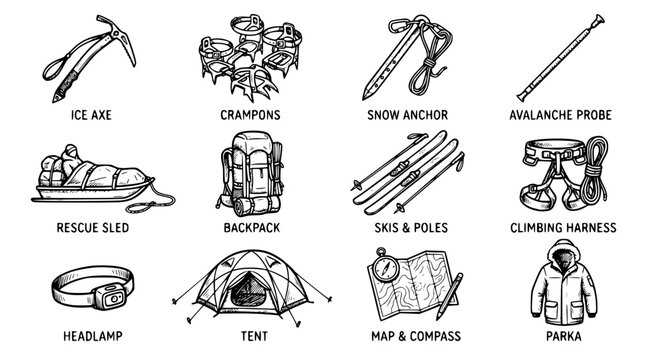 Hand drawn arctic expedition object icons ice axe crampon snow anchor avalanche probe rescue sled, black ink sketch vector illustration