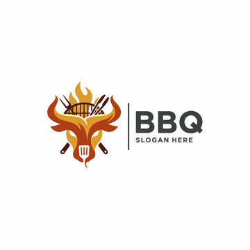 This logo features a bull head and grill surrounded by flames, representing the essence of a BBQ restaurant, emphasizing rustic and hearty dining experiences.