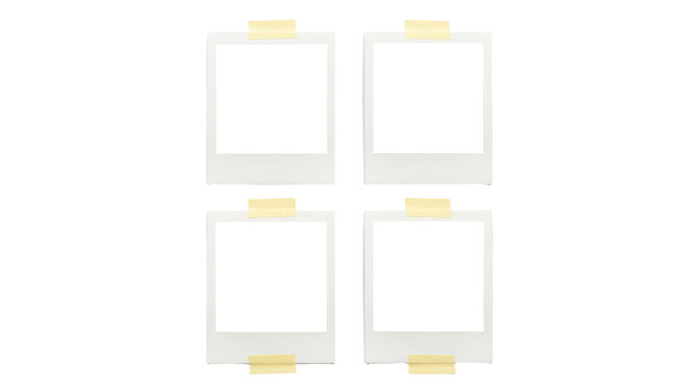 Four blank polaroid frames with masking tape isolated on transparent background