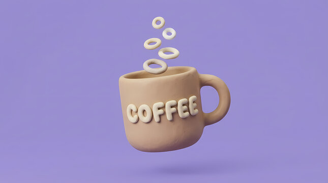 A cute 3D clay style coffee mug floating against a solid purple background.
