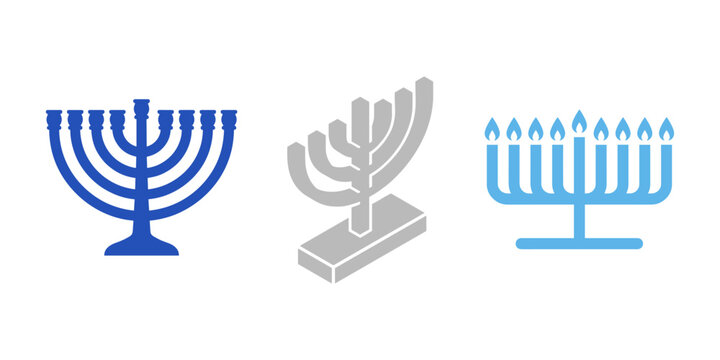 Hanukkah menorah solid vector icon set. Traditional, modern, and lit candelabra silhouettes.	
