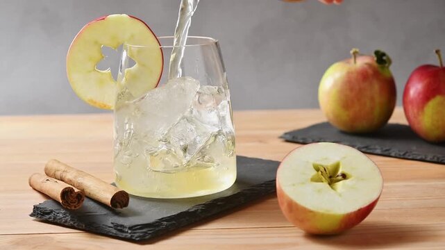 Apple cider pours over ice in glass beside apples and cinnamon for cold brew tonic preparation.