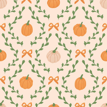 Fall preppy coquette seamless pattern of cute pumpkins and orange bow ribbons. Floral trellis elegance damask print on beige background. Vintage autumn design for fabric, home decor, gift wrap