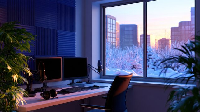 Modern workspace with dual monitors, microphone, headphones, and desk chair, overlooking snowy cityscape