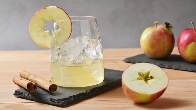 Apple cider, tonic and cold brew coffee pour over ice before glass straw stirs layered iced drink.