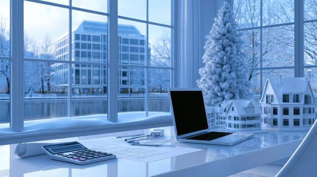 Winter office setup with laptop, calculator, papers, and model houses near a snow-covered window