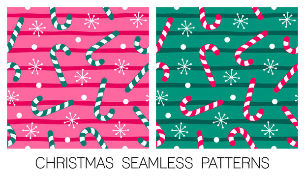 Set of candy cane and snowflake seamless striped pattern design for Christmas and new year holidays background.