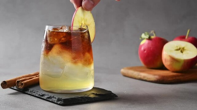 Hand garnishes apple cider cold brew tonic with fresh apple slice on rim beside cinnamon sticks.