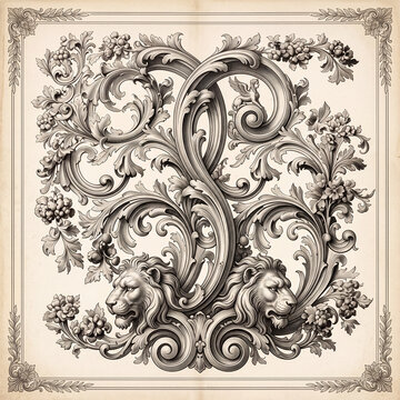 Vintage engraved baroque scroll ornament with lion heads and sphinx
