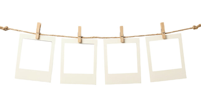 Four blank polaroid photo frames hanging on a rope isolated on transparent background