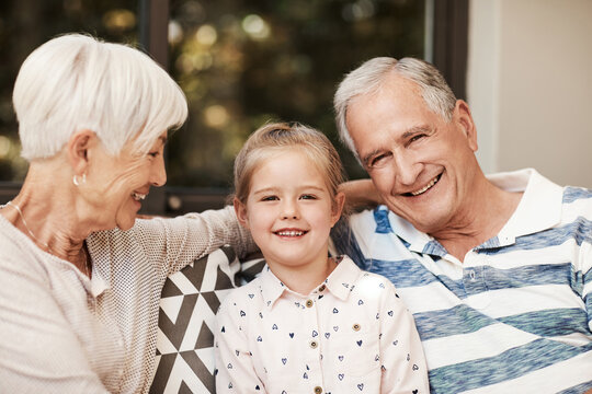 Grandfather, child and happy with relax on sofa for babysitting weekend, bonding and connection. Grandparents, girl kid and portrait on patio with security, holiday visit and relationship development