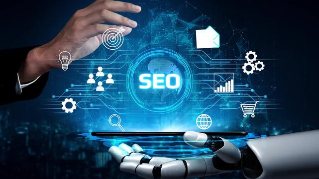 Futuristic Hand Interacting with Digital SEO Icons and Data Visualizations Over Smartphone Display in Technology Environment. Entropy.