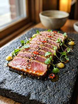 Seared ahi tuna slices served on a rustic black stone platter with fresh herbs.