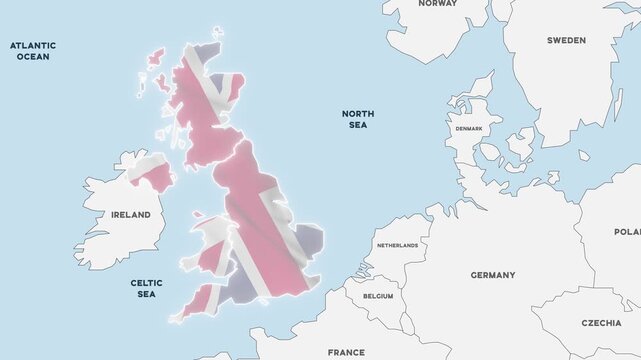 4K animation of a map showing the UK regions in British flag colors, then changing to their own national colors, illustrating a possible breakup of the United Kingdom.