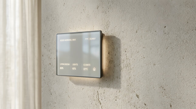 Photorealistic product mockup for a futuristic smart home controller, featuring a minimal float-mount frosted glass tile floating 2cm above a micro-textured matte limestone wall. 