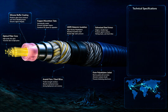 Detailed cutaway infographic of a submarine communications cable showing internal layers, optical fiber, and technical specifications with a global map of internet infrastructure. Underwater cable