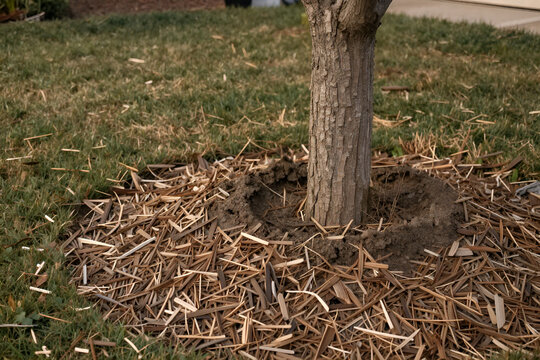 Wood mulch ring around a young tree with bare soil left at the trunk base