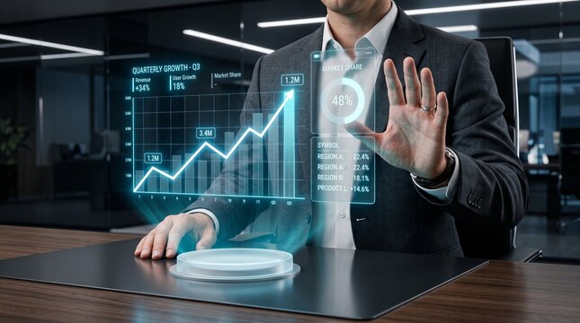Business professional interacting with a futuristic holographic digital financial chart in an office financial business holographic interface analysis statistics technology
