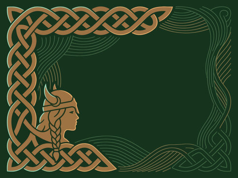 Celtic knot frame with female warrior in profile view