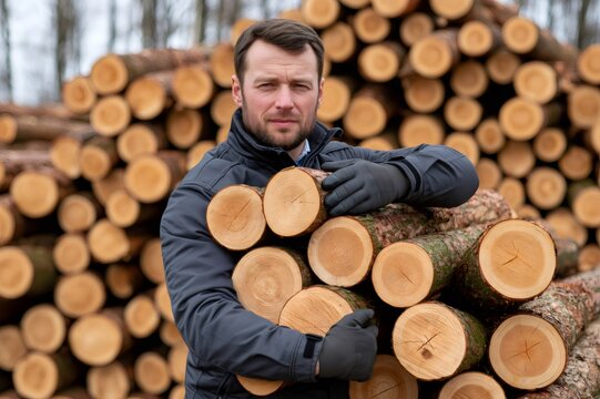 Man embracing timber logs working in forest industry