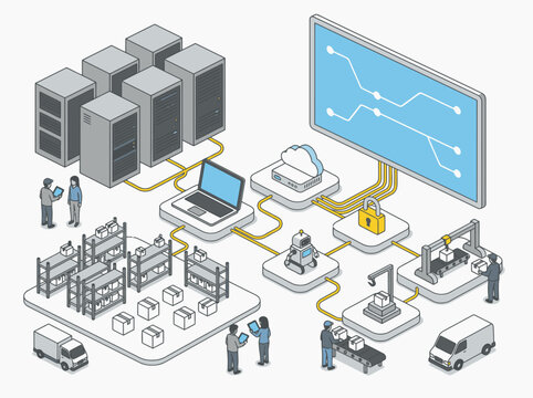 Modern of Smart Warehouse and Logistics Network with IoT Cloud and Cybersecurity Integration with high quality professional line art symbols for modern creative design and digital branding projects