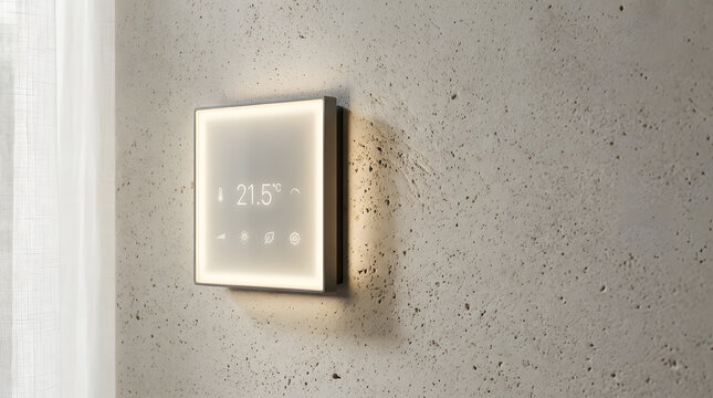 Photorealistic product mockup for a futuristic smart home controller, featuring a minimal float-mount frosted glass tile floating 2cm above a micro-textured matte limestone wall. 