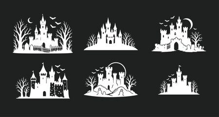 Fototapeta premium Halloween Castle Silhouettes Vector Set with Spooky Haunted Houses, Bats, Bare Trees, Moon, and Graveyard Elements